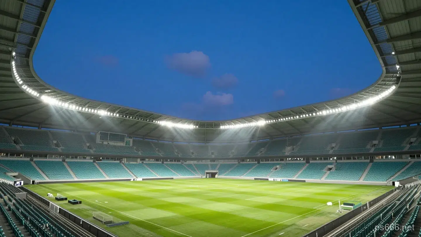 夜間亮著探照燈的足球場全景,示意運動賽事投注盤口