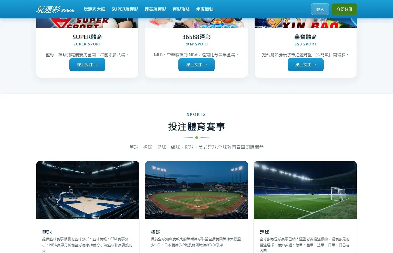 PS666 首頁畫面,上排是三張體育投注平台卡片,下方是籃球、棒球、足球的賽事分類圖——線上通路和官方台灣運彩的玩法陣容差別就在這裡