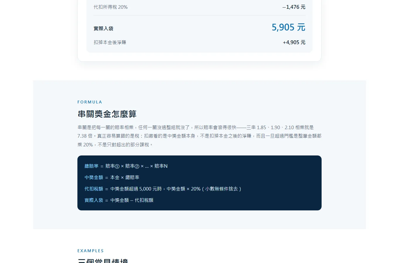 運彩串關獎金計算機的畫面,列出總賠率等於各關賠率相乘、中獎金額、代扣稅額與實際入袋這四條公式